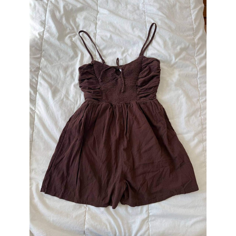 Aerie Crinkle Cotton Smocked Tie Front Romper Brown Beachy Boho, XS